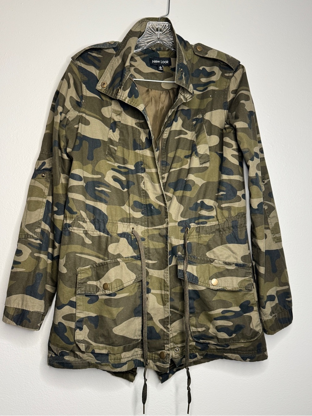 Cotton Vintage Camouflage Jacket Army Green Zipper Small Military Drawstring Zip